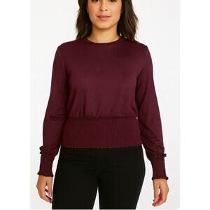 Zara women burgundy blouse elastic waist band SZ S lightweight elastic waist